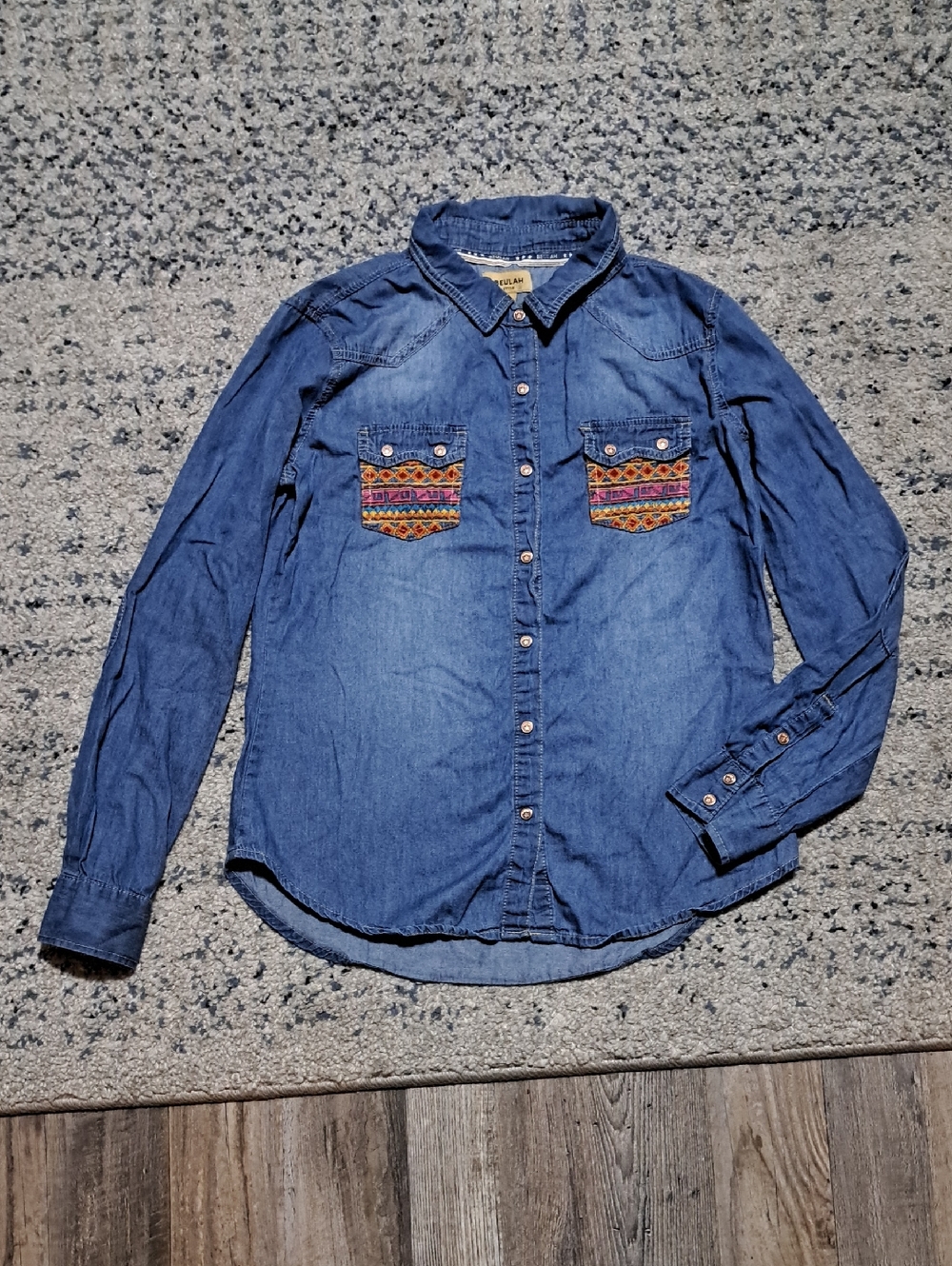 Beulah Blue Denim Snap Shirt with Embroidery